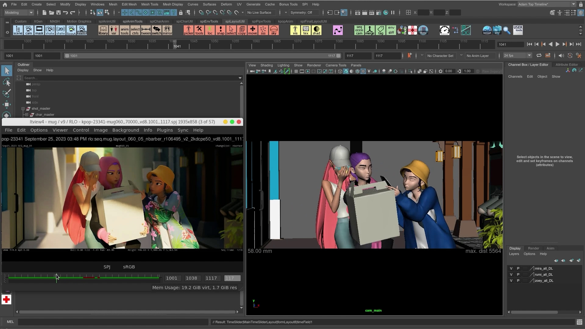 A KPop Demon Hunters layout scene open in Maya beside the same shot in Unreal Engine.