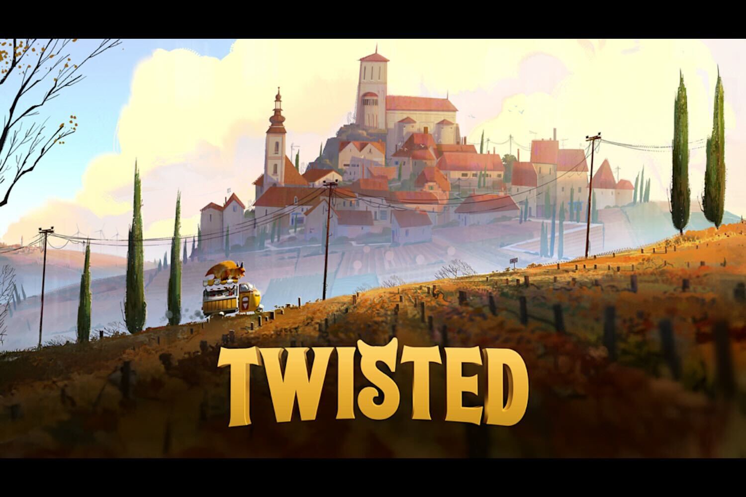 Painterly hill-village still from Twisted, the DigiPro image for the real-time pipeline paper.